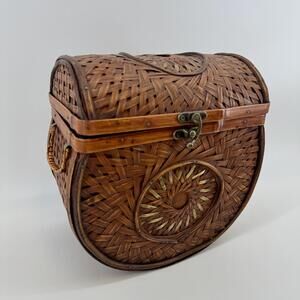 Vintage Handmade Woven Bamboo Basket w/ Lid & Handles, French Country #TM225